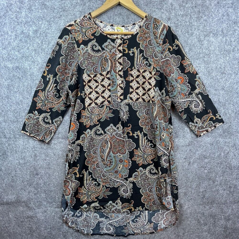 Anthropologie Fig and Flower Dress Womens Large Dark Paisley Tunic Boho Hippie
